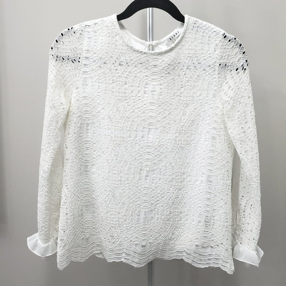 𝅺sioni Chic Eyelet Lace Ivory Nylon 3/4 Sleeve Blouse Size S